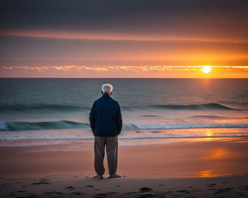 Elderly person admiring ocean sunset on sandy beach