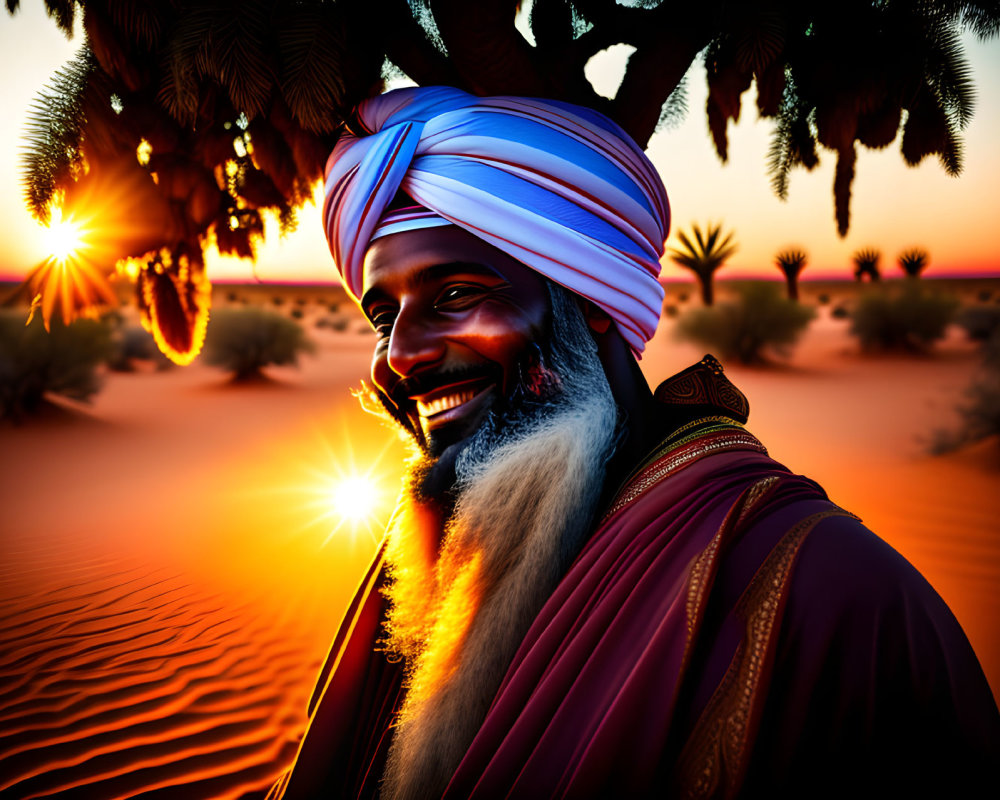 Smiling man in turban at sunset in desert with palm trees