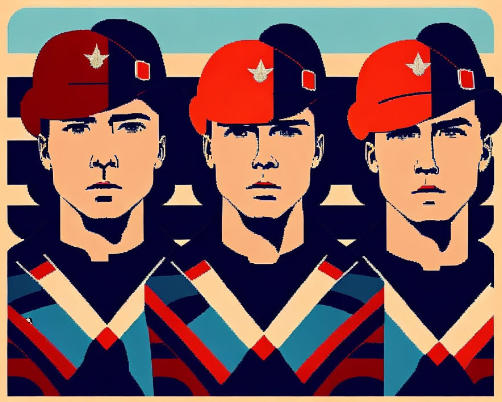 Stylized soldier portraits in red berets on geometric backdrop