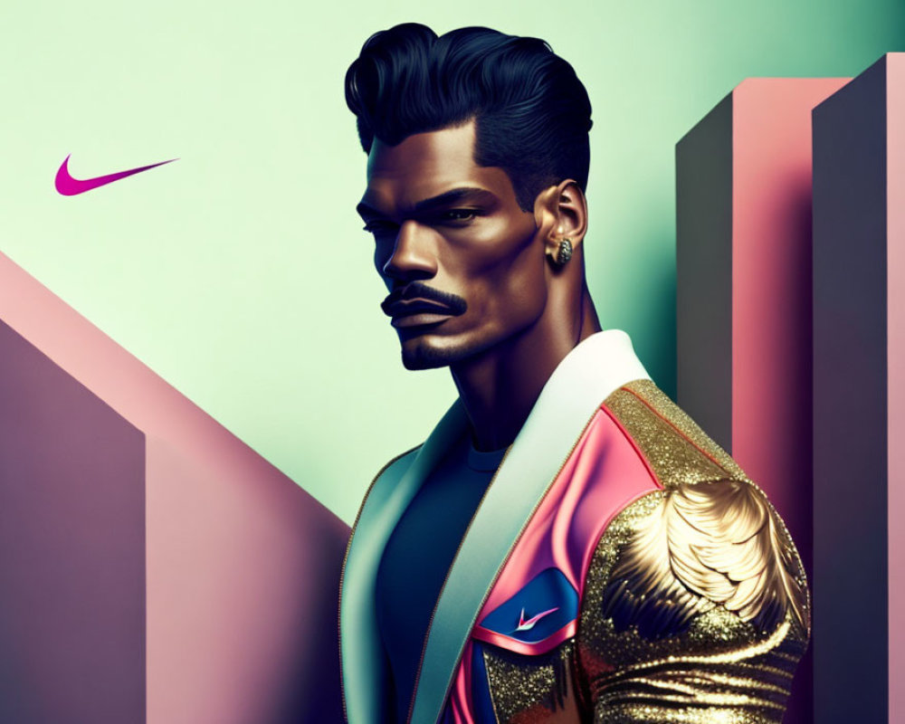 Man with Mustache and Pompadour in Nike Jacket on Geometric Background