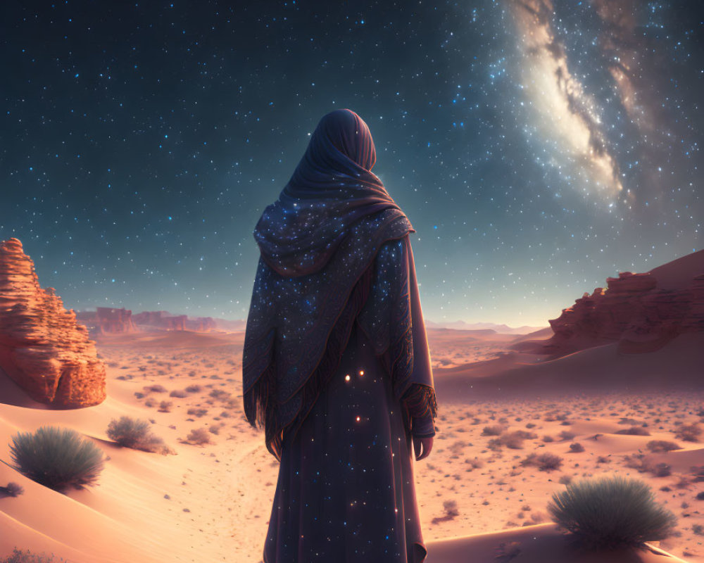 Person in star-patterned cloak gazes at Milky Way in desert night scene
