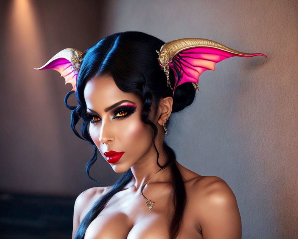 Woman with dramatic makeup and dragon wings staring intensely.