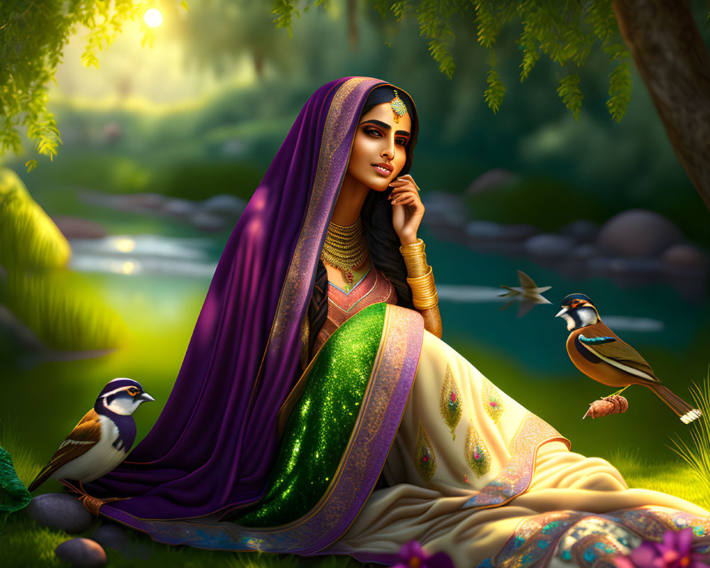 Woman in vibrant sari by serene river at sunset with lush foliage and birds