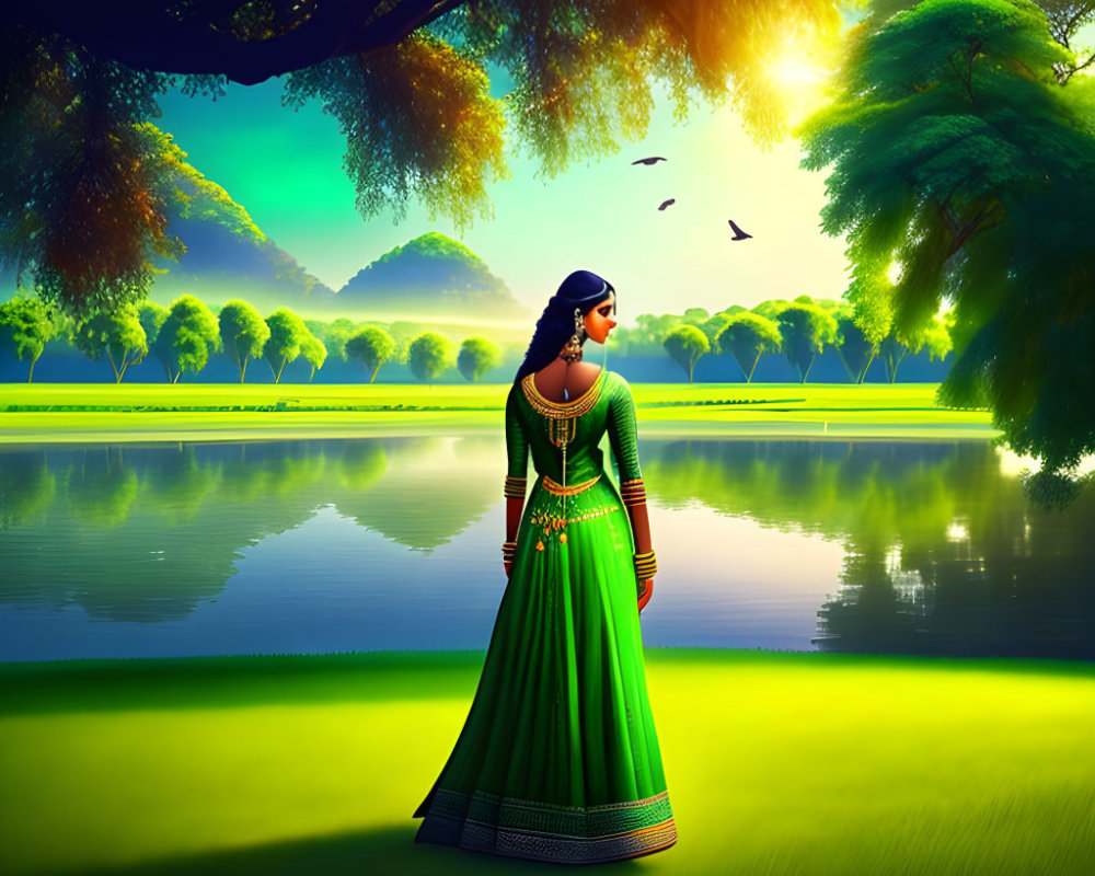 Traditional Indian Attire Woman by Serene Lake and Greenery