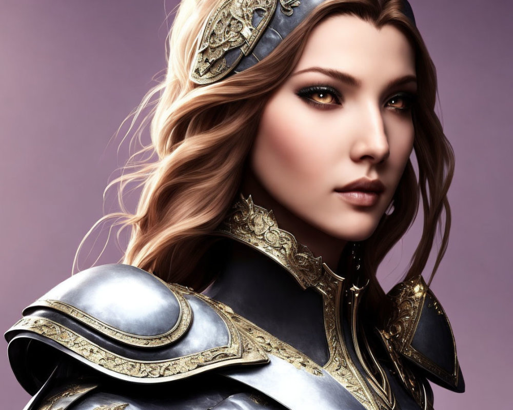 Digital illustration of a woman in ornate armor with gold detailing