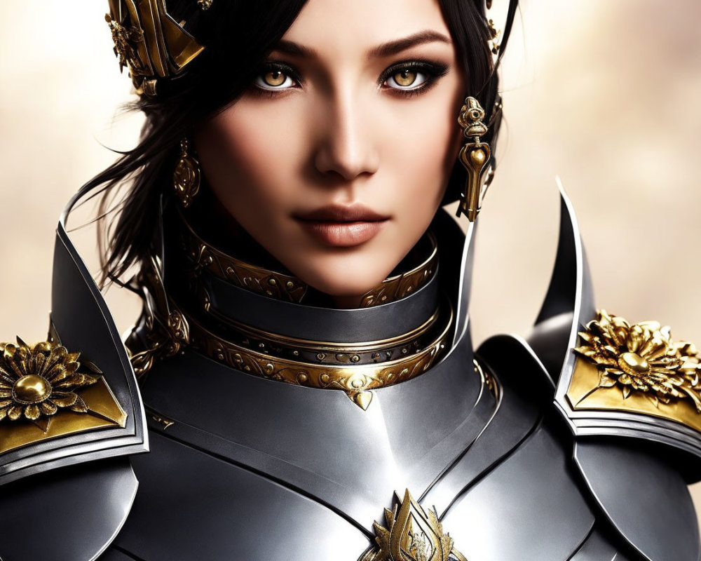 Digital artwork of woman in ornate medieval armor with gold accents and helmet