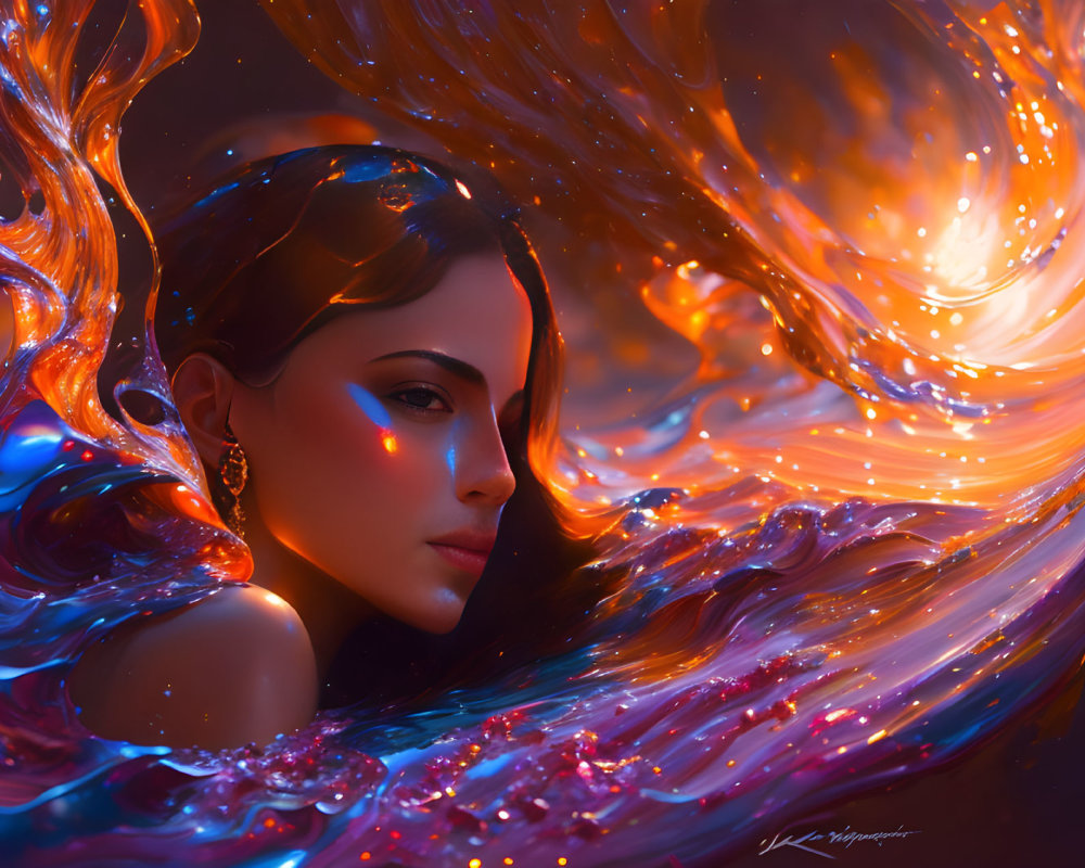 Ethereal Woman with Cosmic Hair in Orange and Blue
