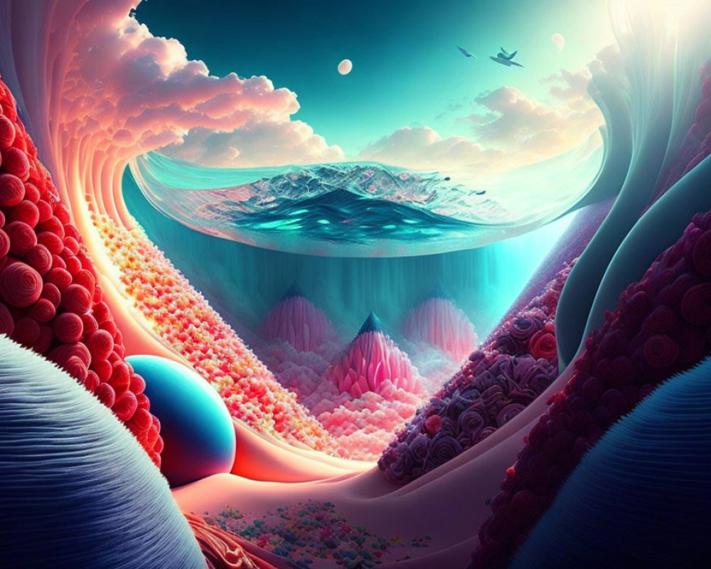 Colorful surreal landscape with water, flora, sky, birds, and planets