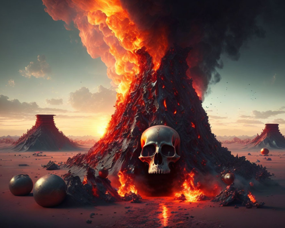 Surreal landscape with skull, orbs, and erupting volcano at twilight
