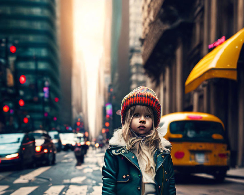 Child in Colorful Hat and Green Coat on City Street with Buildings and Yellow Bus