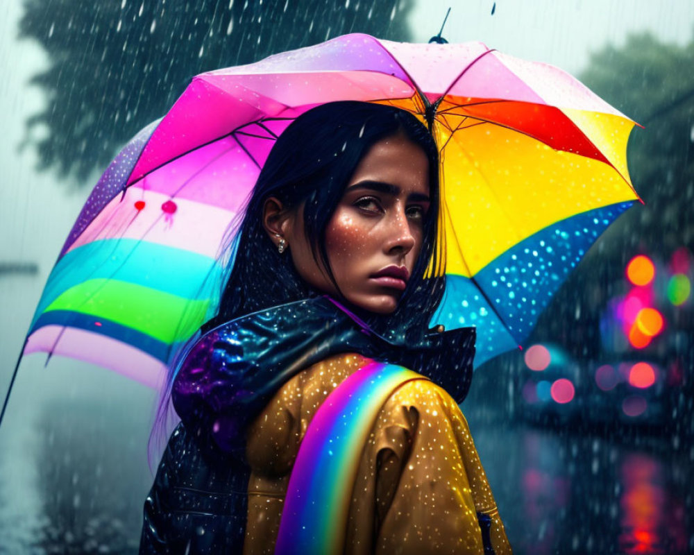 Colorful umbrella held by woman on rainy street with water droplets and blurred city lights.
