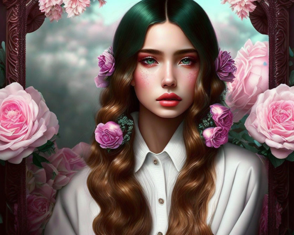 Woman with Long Wavy Hair and Green Eyes Surrounded by Roses and Floral Decorations