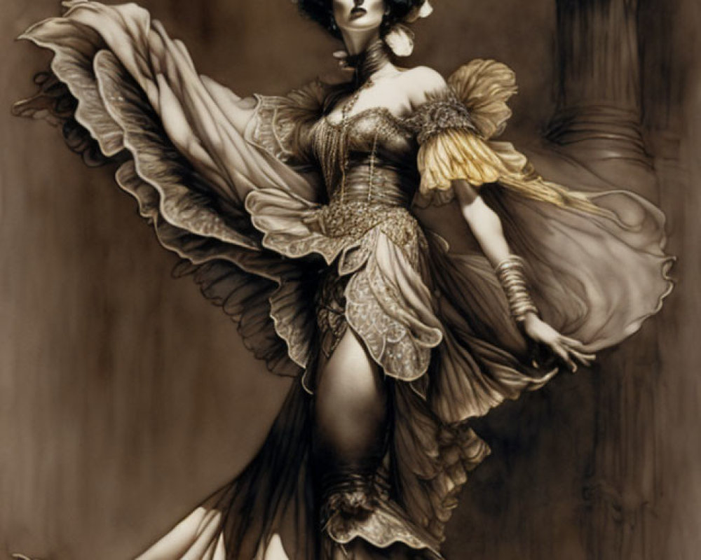 Detailed vintage costume drawing of woman in sepia tones