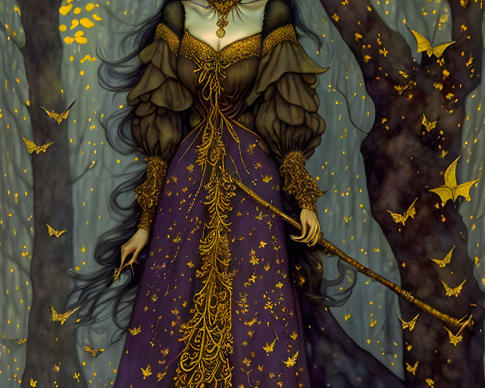 Illustrated woman in golden and purple gown among mystical forest with bats.