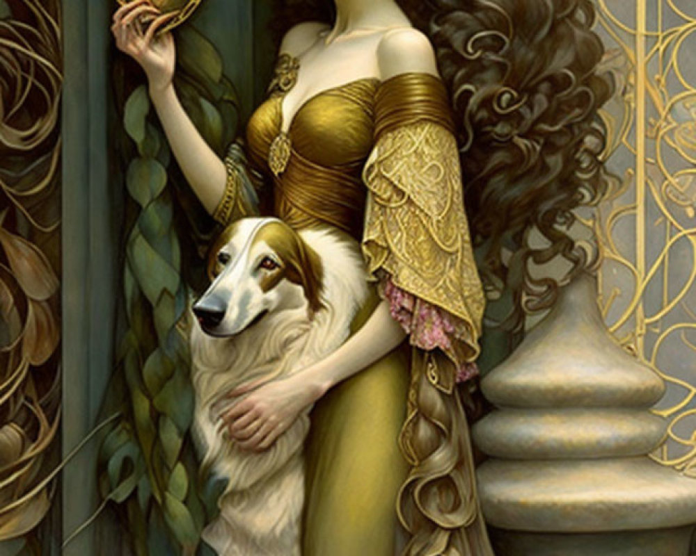 Dark-haired woman in golden dress with hourglass and white dog by column