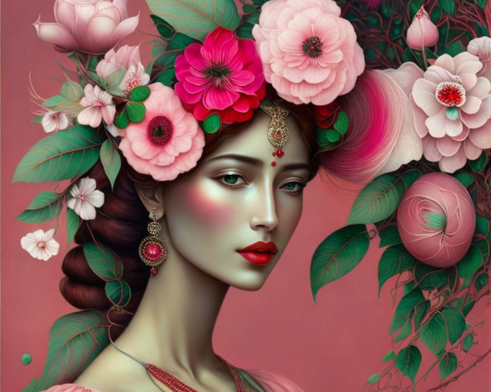 Ethereal woman portrait with pink and red flowers on rosy background
