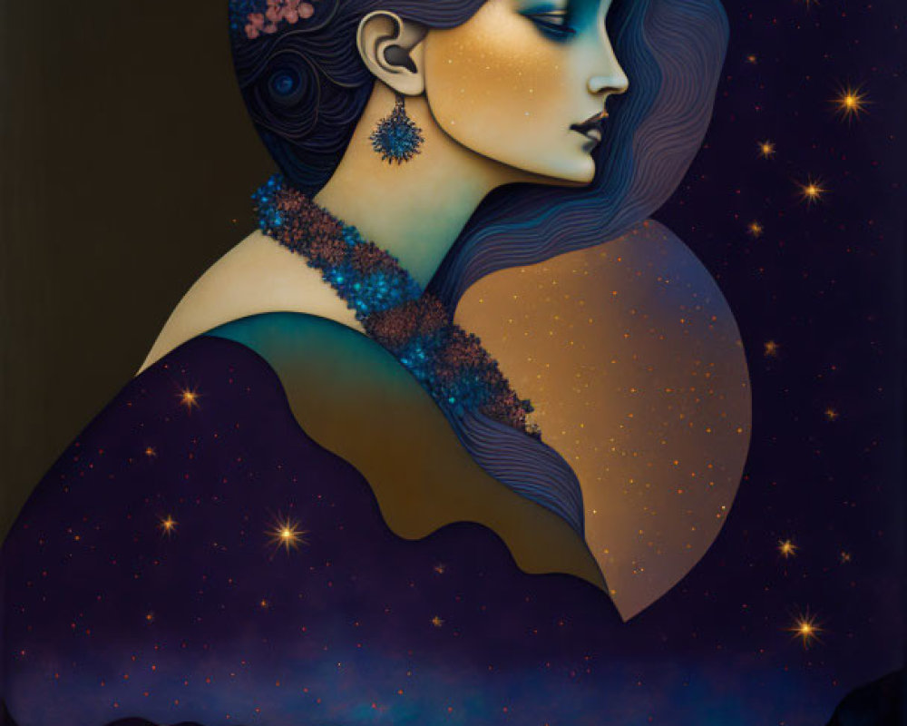 Woman with Night Sky Theme: Stars, Flowers, Celestial Silhouette