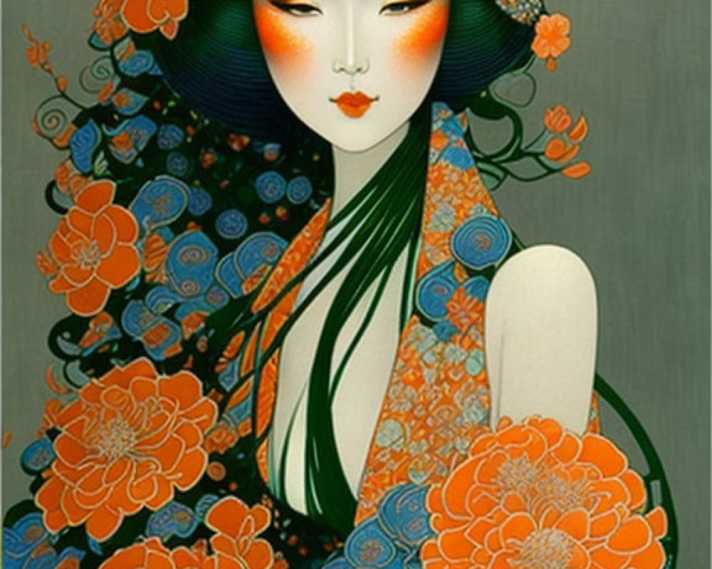 Colorful floral kimono and decorative hat with bluebird in Asian art style