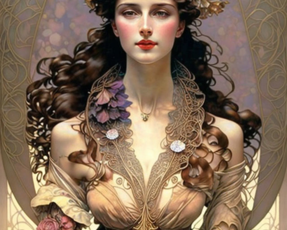 Illustrated woman with flowing hair in golden gown and floral motifs