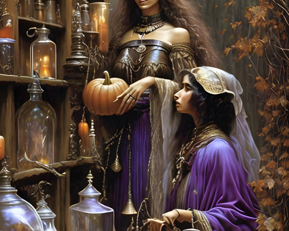 Fantasy illustration of two women in enchanting forest with pumpkin and mystical artifacts