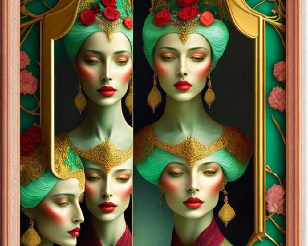 Four stylized female figures with elaborate headdresses and floral motifs.