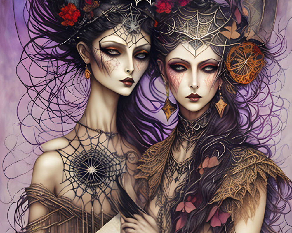 Ethereal women in gothic attire with spiderweb motifs holding a spider-themed book