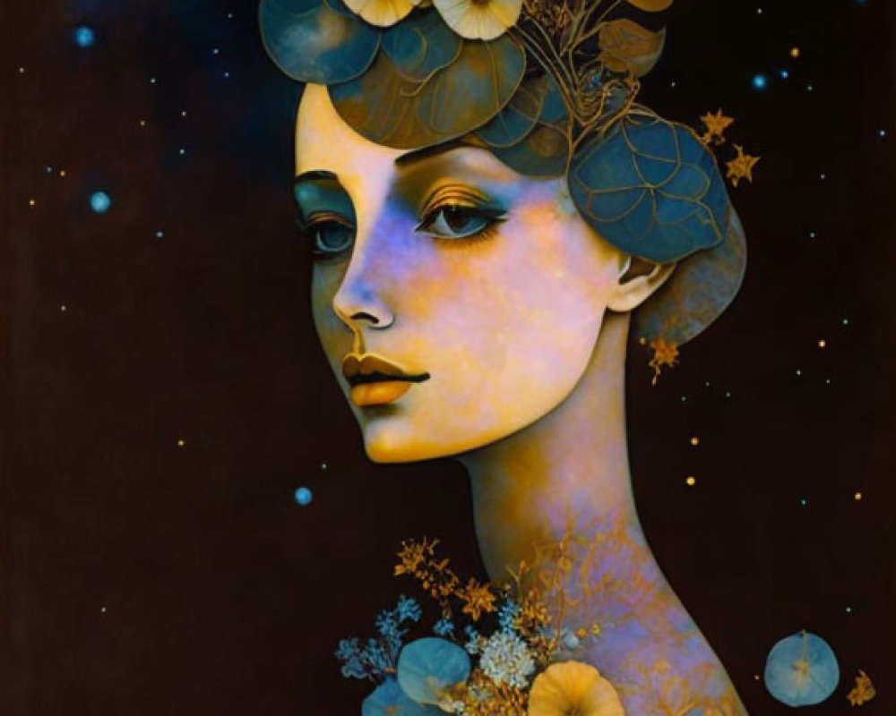 Woman with Flowers and Stars in Hair on Dark Background