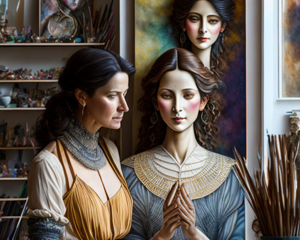 Artist in vintage dress surrounded by paintings and art supplies in studio with woman portrait.