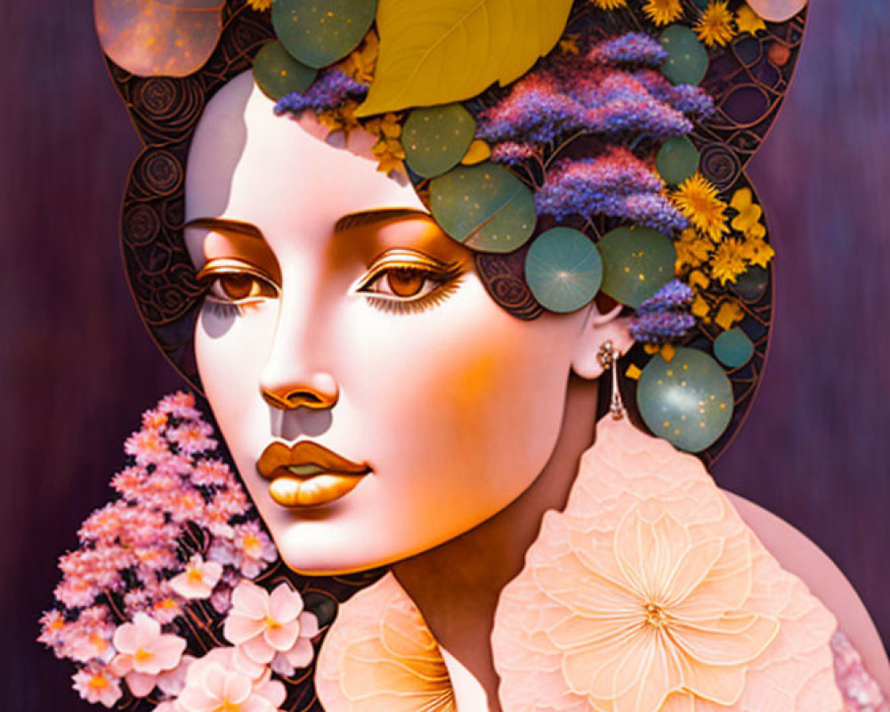 Woman adorned with floral patterns in warm hues on purple background