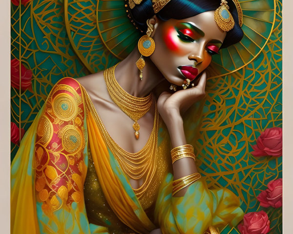 Traditional Indian Attire Illustration with Gold and Emerald Backdrop