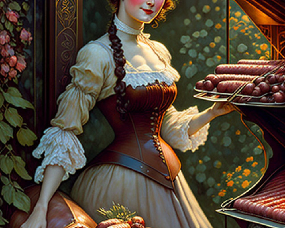 Traditional dress woman by wooden cart with carrots in garden setting
