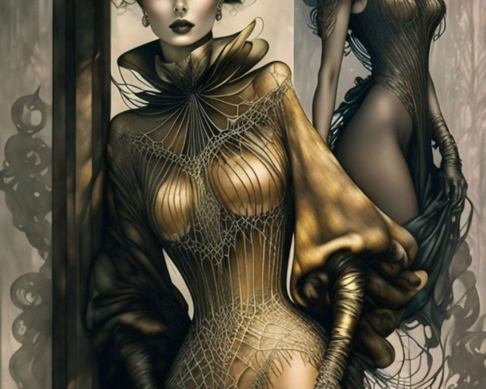 Illustrated woman in golden dress with cobweb design, hat, and collar exudes gothic ste