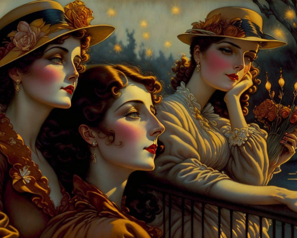 Vintage attired women with hats by railing under starry night.