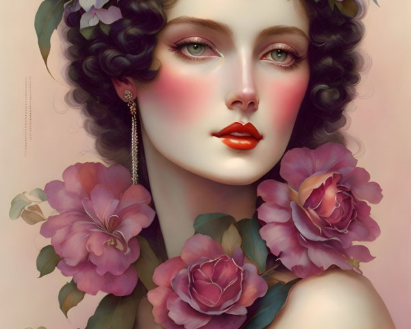 Illustrated portrait of woman with curly hair, flowers, gold tiara, red lips.