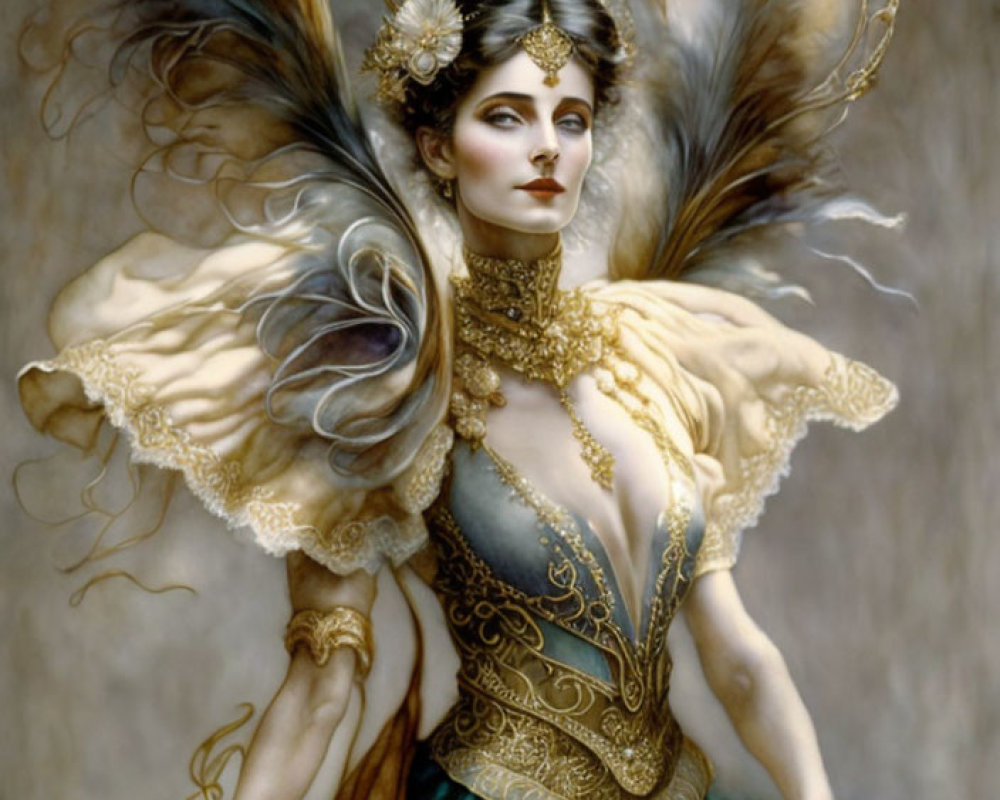 Ethereal woman illustration with gold accessories and feathered wings