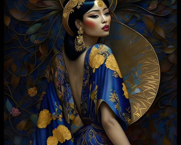 Traditional Attire Woman Artwork in Blue and Gold with Fan
