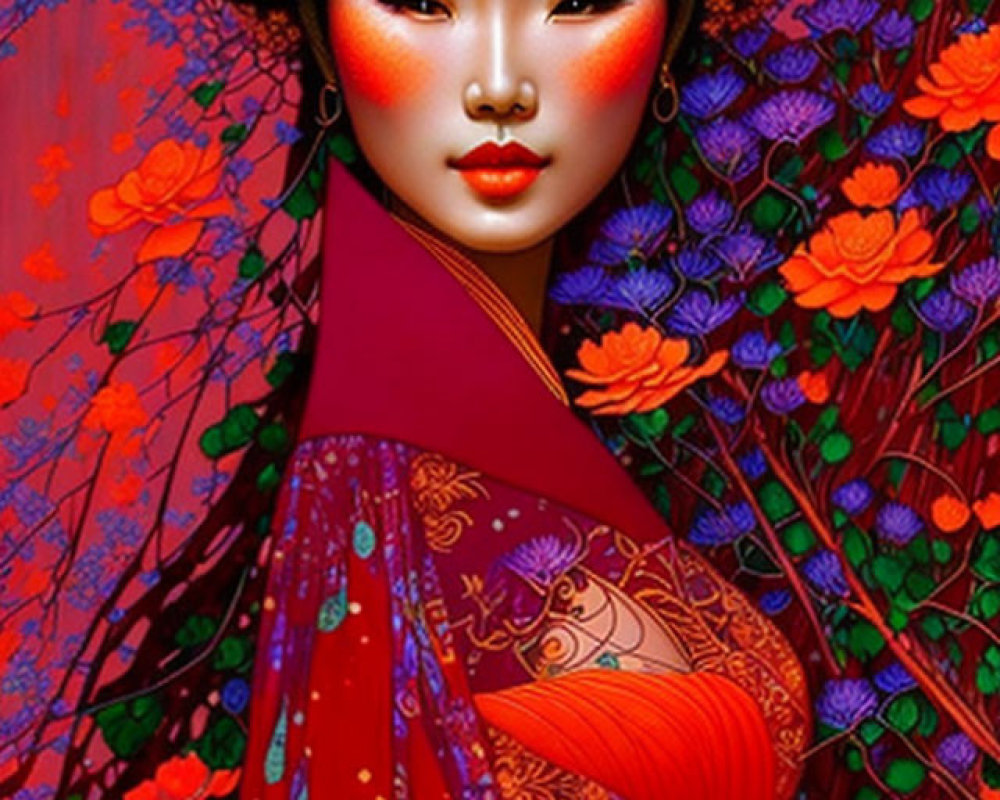 Traditional Asian Attire Woman with Elaborate Hair and Makeup surrounded by Rich Flora