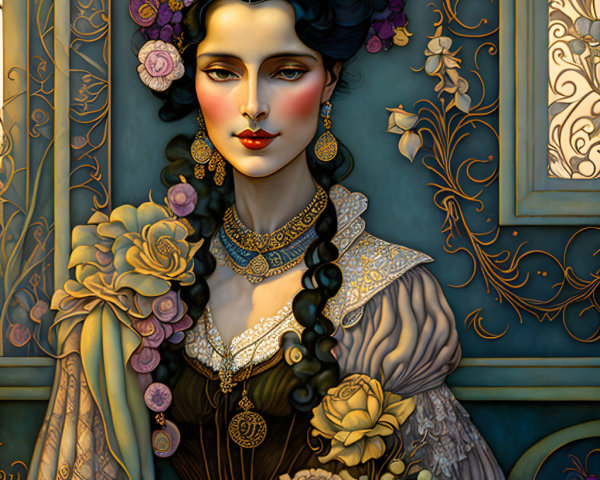 Illustrated portrait of elegant woman with dark hair and floral adornments in vintage attire.