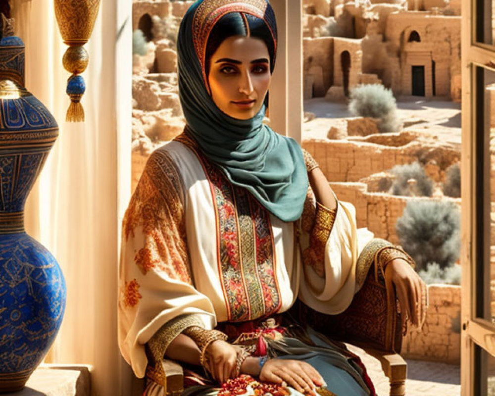 Traditional Attired Woman Sitting by Window Overlooking Desert Town and Decor