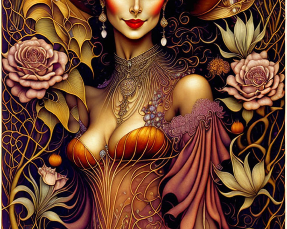 Illustrated woman in wide-brimmed hat and ornate dress with stylized roses in rich gold