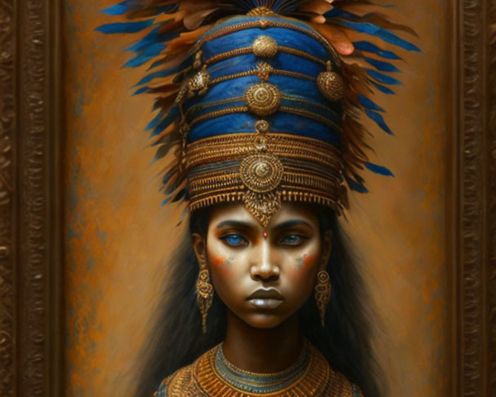 Portrait of a person with vibrant headdress and jewelry in ornate frame