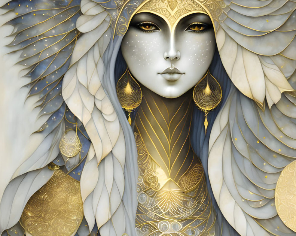 Detailed mystical female figure with golden headdress and moon symbol.