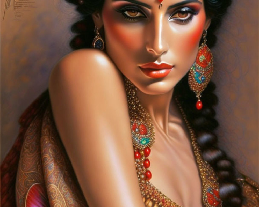 Portrait of a Woman with Indian Jewelry and Peacock Feather Design