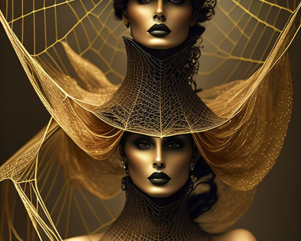 Stylized portrait of two women in golden tones with spider web headpieces and flower