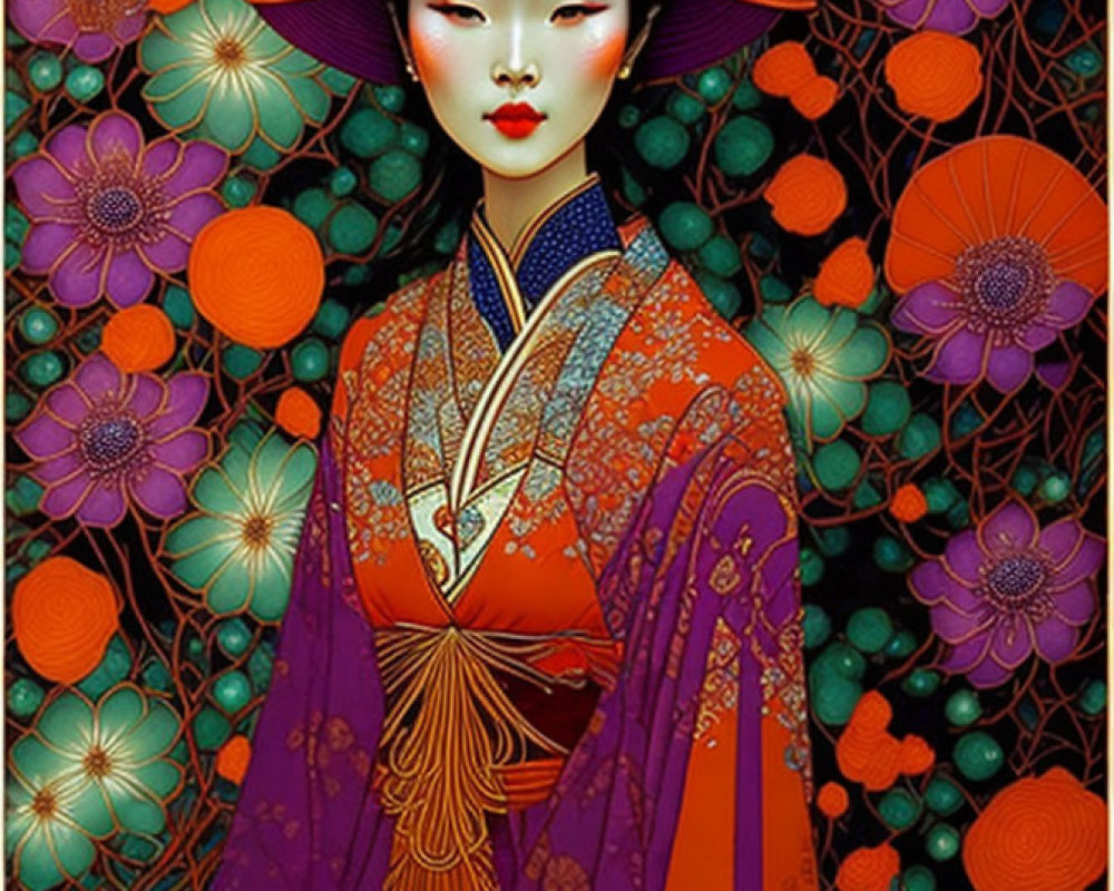 Illustration of Woman in Japanese Attire with Floral Patterns