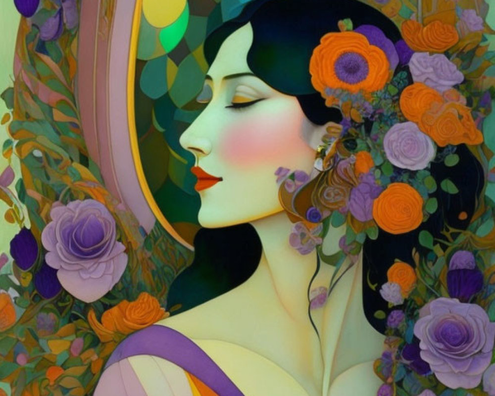Art Nouveau style woman with floral hair in vibrant colors.