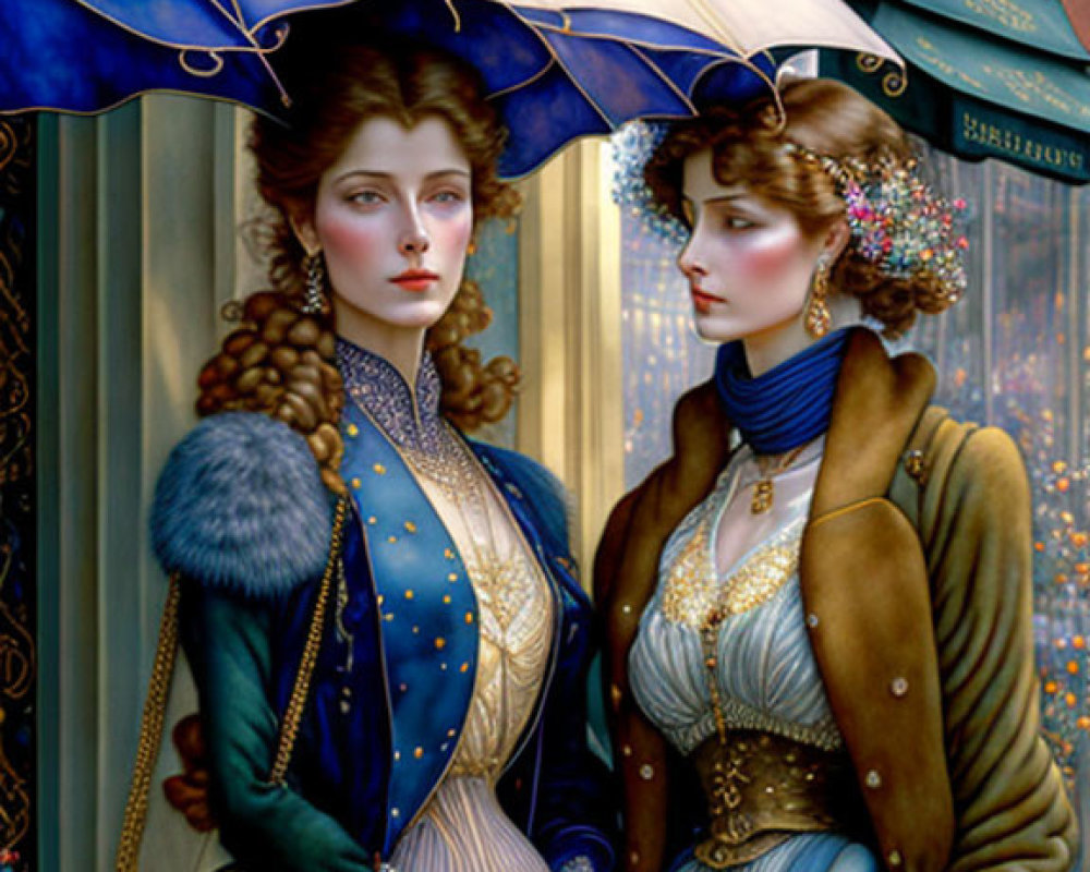 Two elegantly dressed women sharing an umbrella in Victorian-style attire.