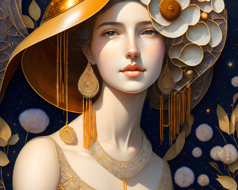Golden freckled woman in ornate headdress among floral motif on starry backdrop