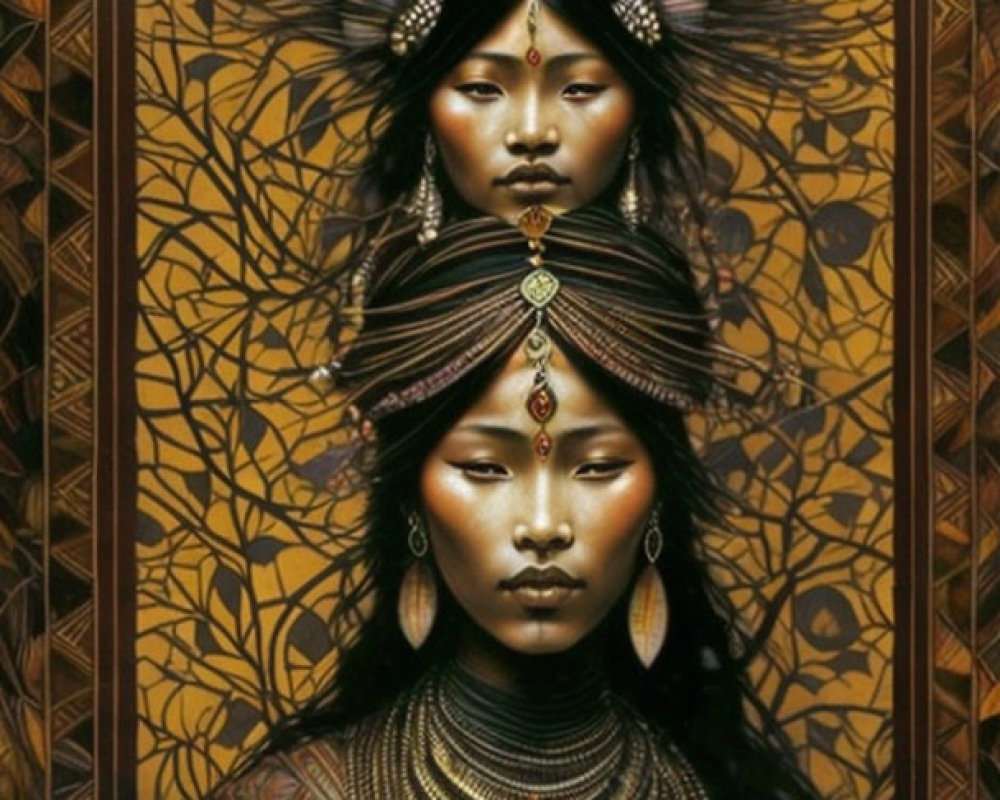 Ornate tribal jewelry and headdresses on two women in rich gold and brown tones