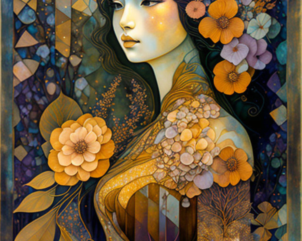 Illustration of Woman with Flower Hair in Sparkling Starry Background